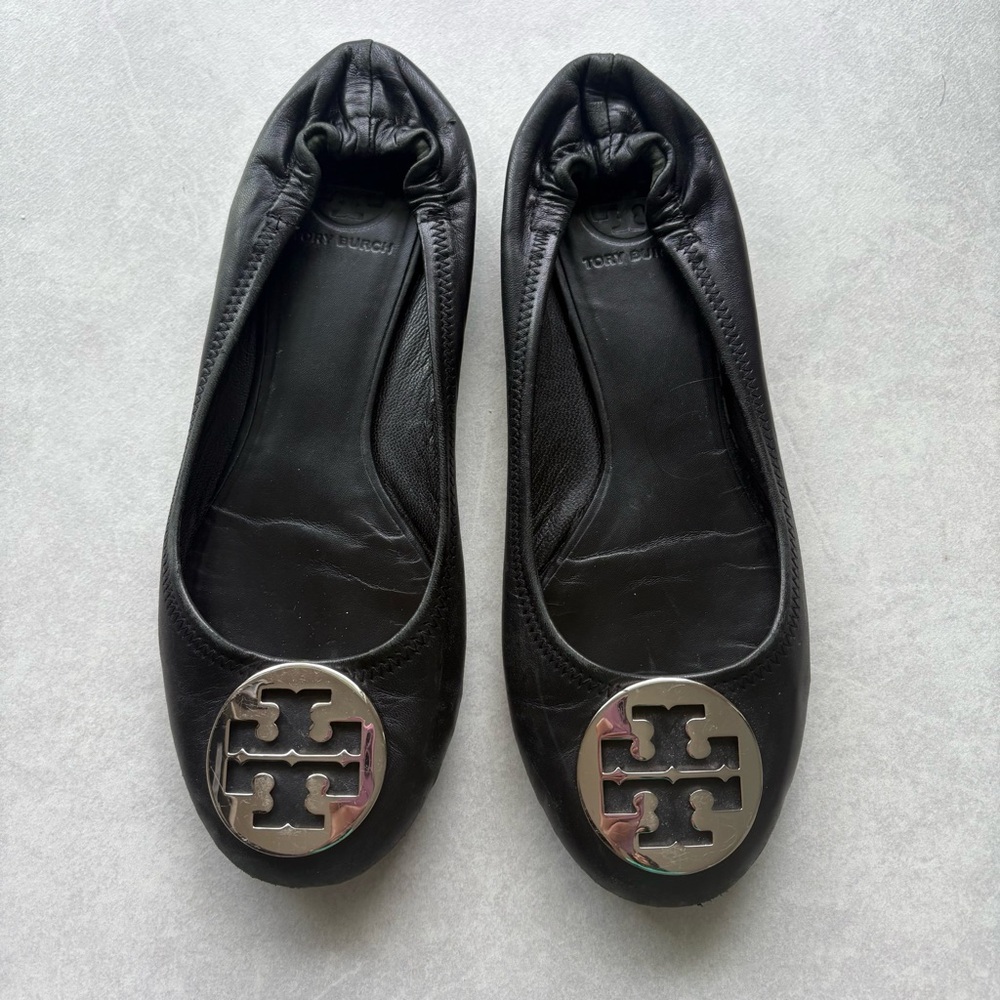 Tory Burch Black Leather Flats with Silver Logo